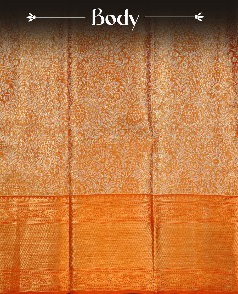 Gold & mustard double shade colour kancheepuram tissue silk saree featuring gold zari floral kodi pattern on body, complemented by contrast mustard colour with traditional border, paired with matching blouse piece.