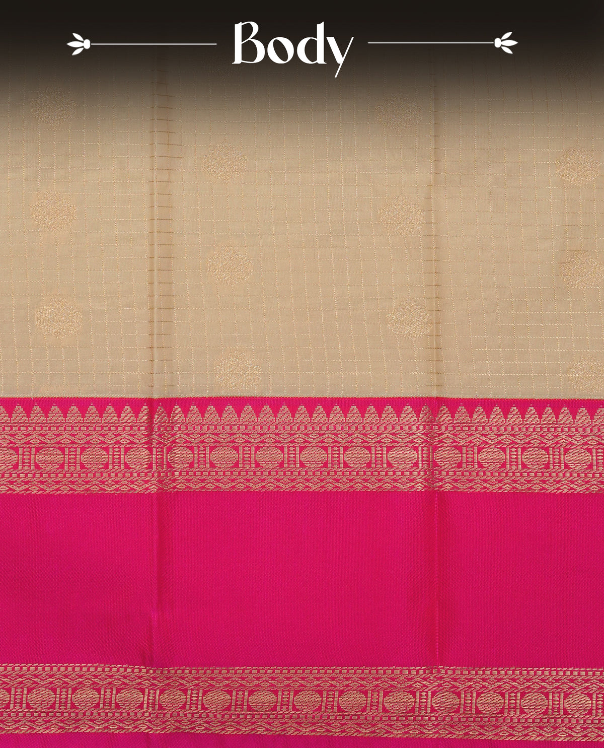 Beige colour soft silk saree featuring gold zari checks with floral motifs on body, contrast magenta colour gold zari traditional border, grand pallu comes with matching blouse piece.