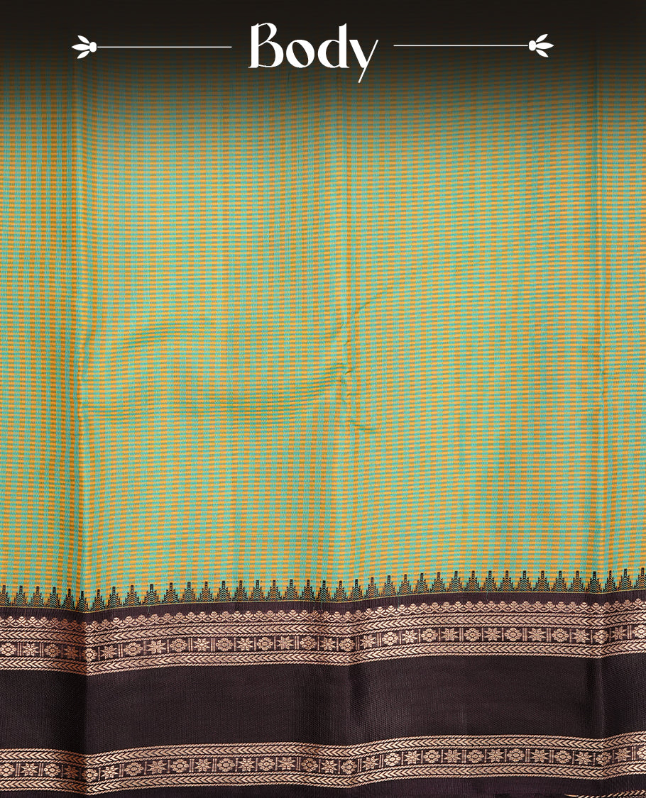 Pastel green & white colour traditional kancheepuram silk saree featuring gold zari check pattern on body, complemented by contrast dark chocolate colour with gold zari traditional border, paired with matching blouse piece.