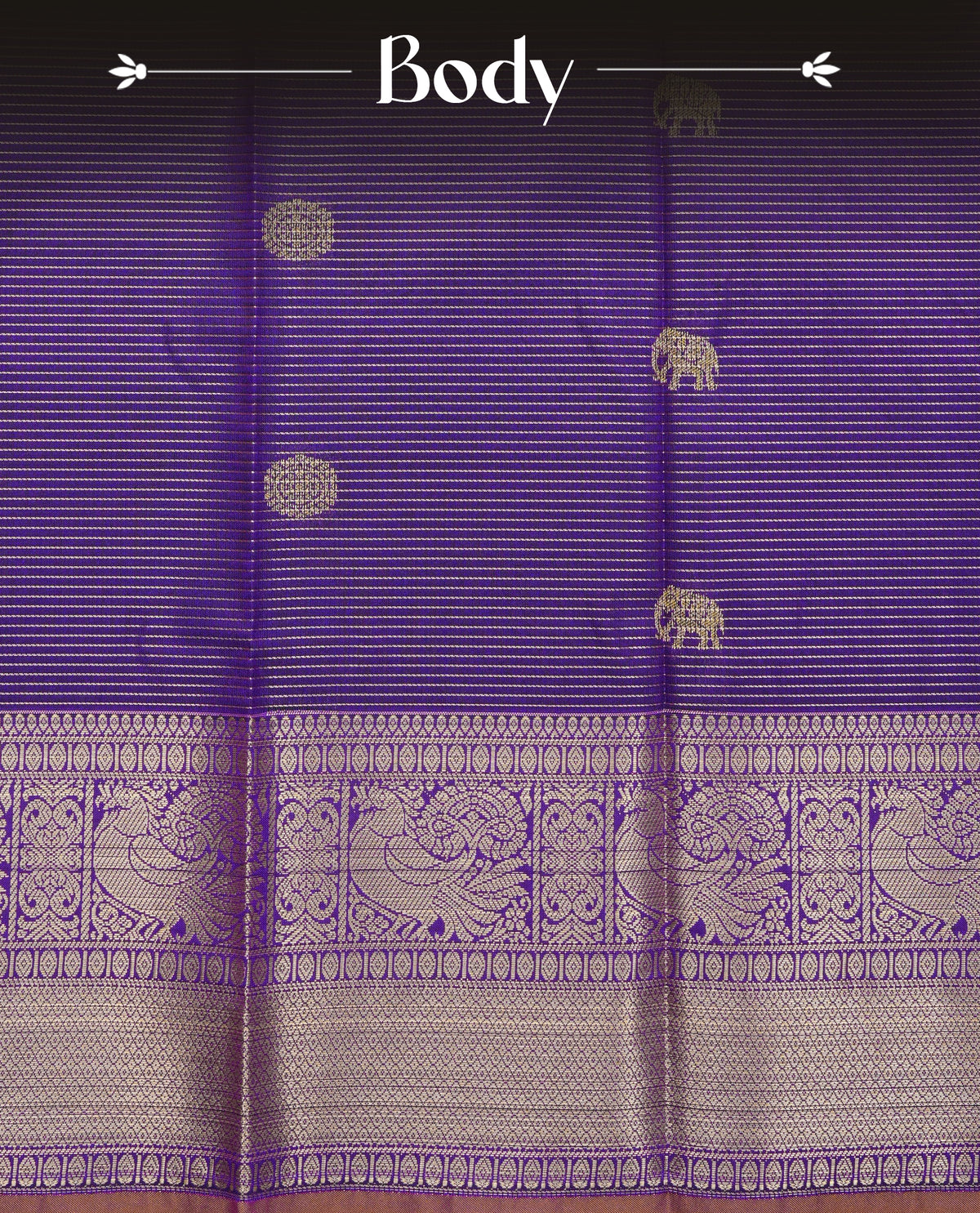 Purple colour soft silk saree featuring gold zari lines with elephant motifs on body, Self colour gold zari peacock and traditional on border, grand pallu comes with matching blouse piece.