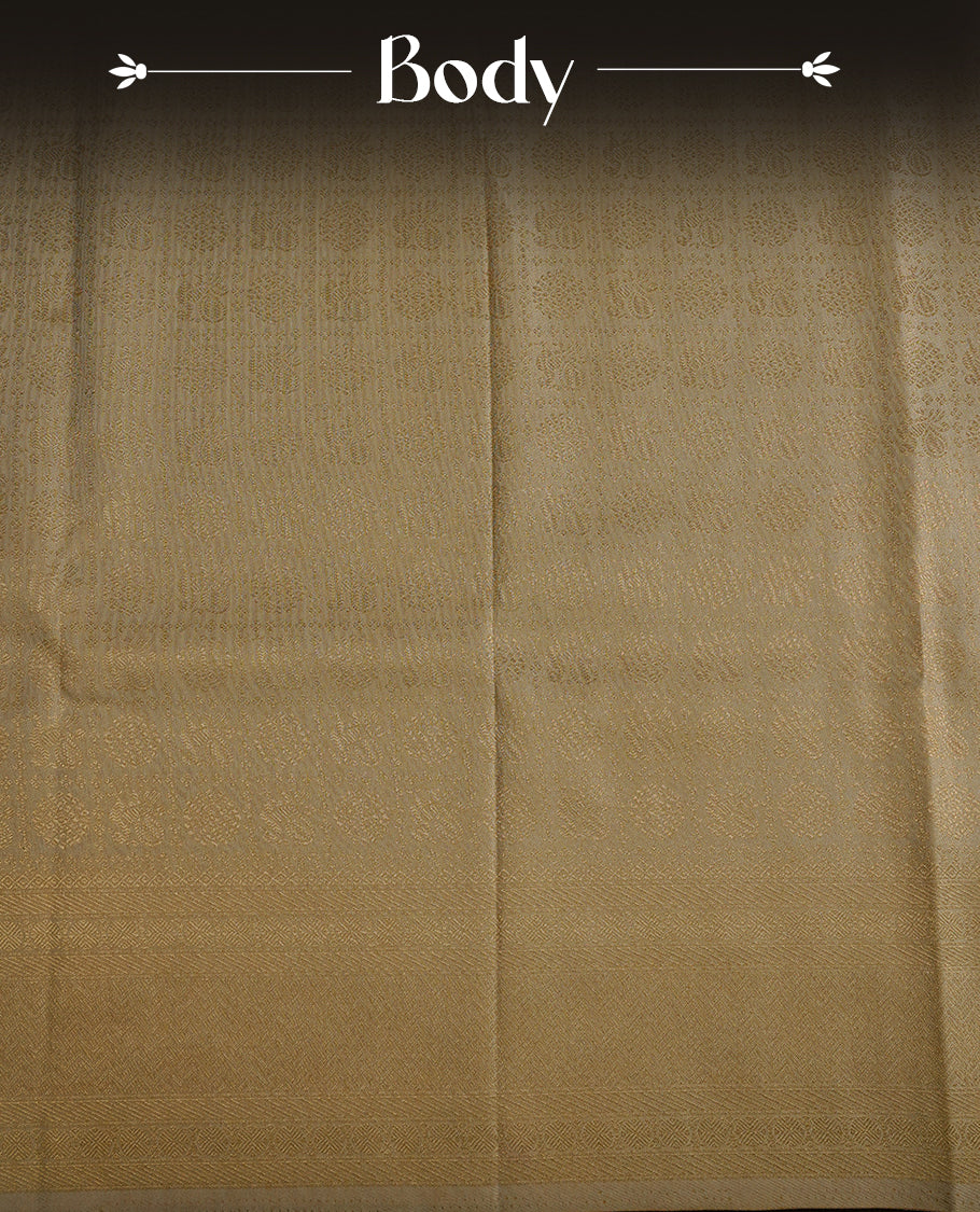 Cream colour soft silk saree featuring gold zari Chakram & peacock motifs inside box pattern on body, complemented by self colour with traditional border, paired with matching blouse piece.