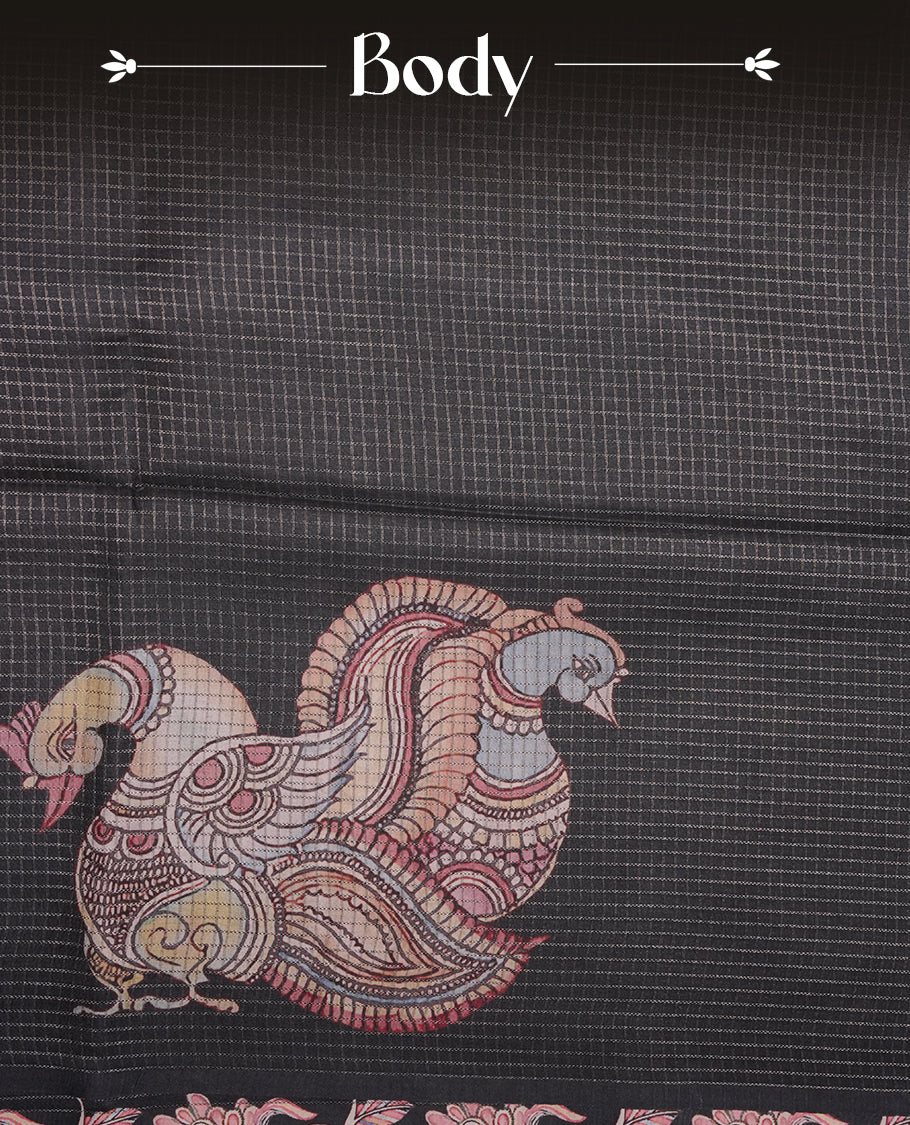 Black colour semi tussar silk saree featuring floral and animal print, zari check pattern across body, self colour border and pallu, paired with matching blouse piece.