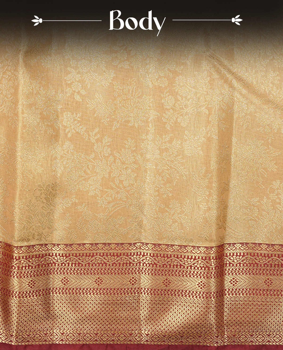 Light Gold colour Semi Tissue Silk Saree featuring gold zari Works on the body, complemented by an intricately woven gold zari pallu, a rich Maroon border with gold zari work and paired with a matching plain blouse piece.