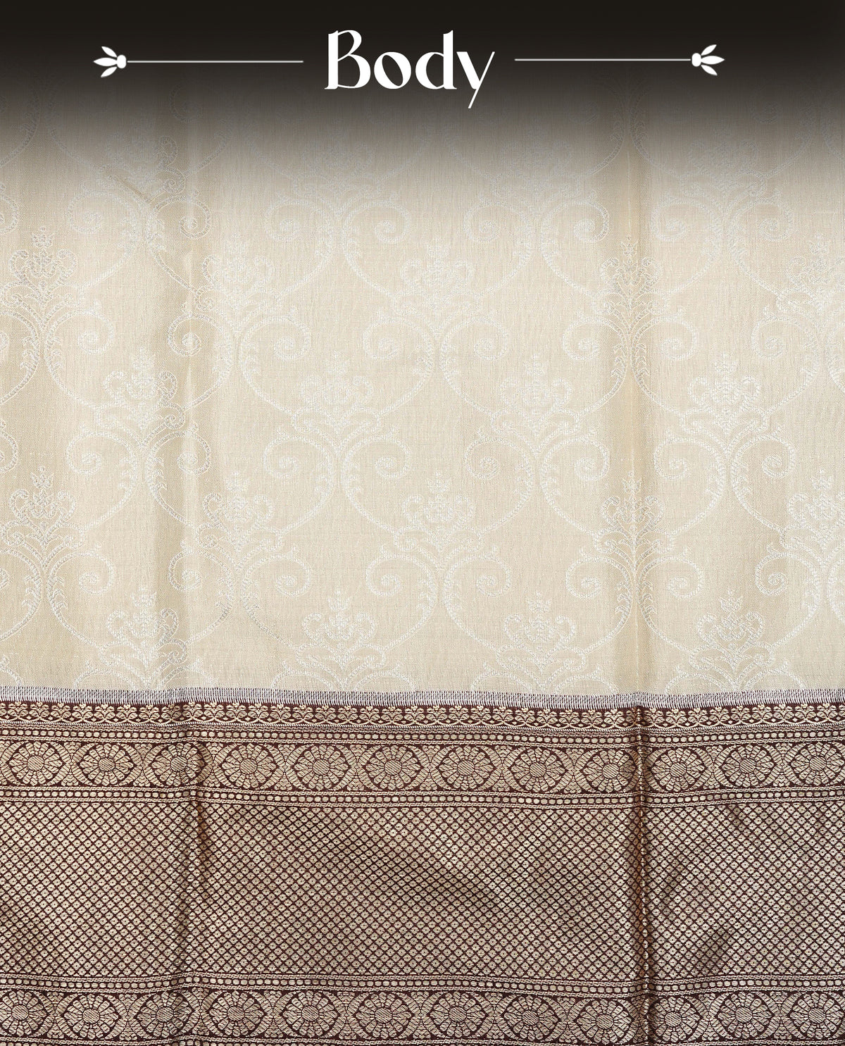 Beige Colour Tissue Silk Saree featuring an elegant Silver zari woven body, a richly woven Gold zari pallu, complemented by a Dark Brown With Gold zari border and paired with a Matching blouse piece.