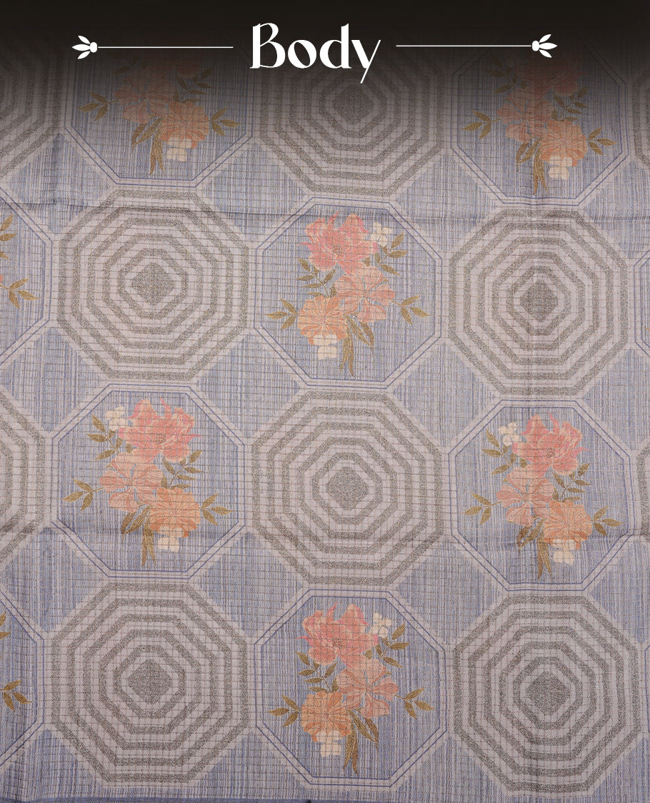 Green colour semi tussar silk saree, featuring subtle hexagonal geometric patterns across the body, a textured pallu with fine detailing, and finished with a matching blouse.