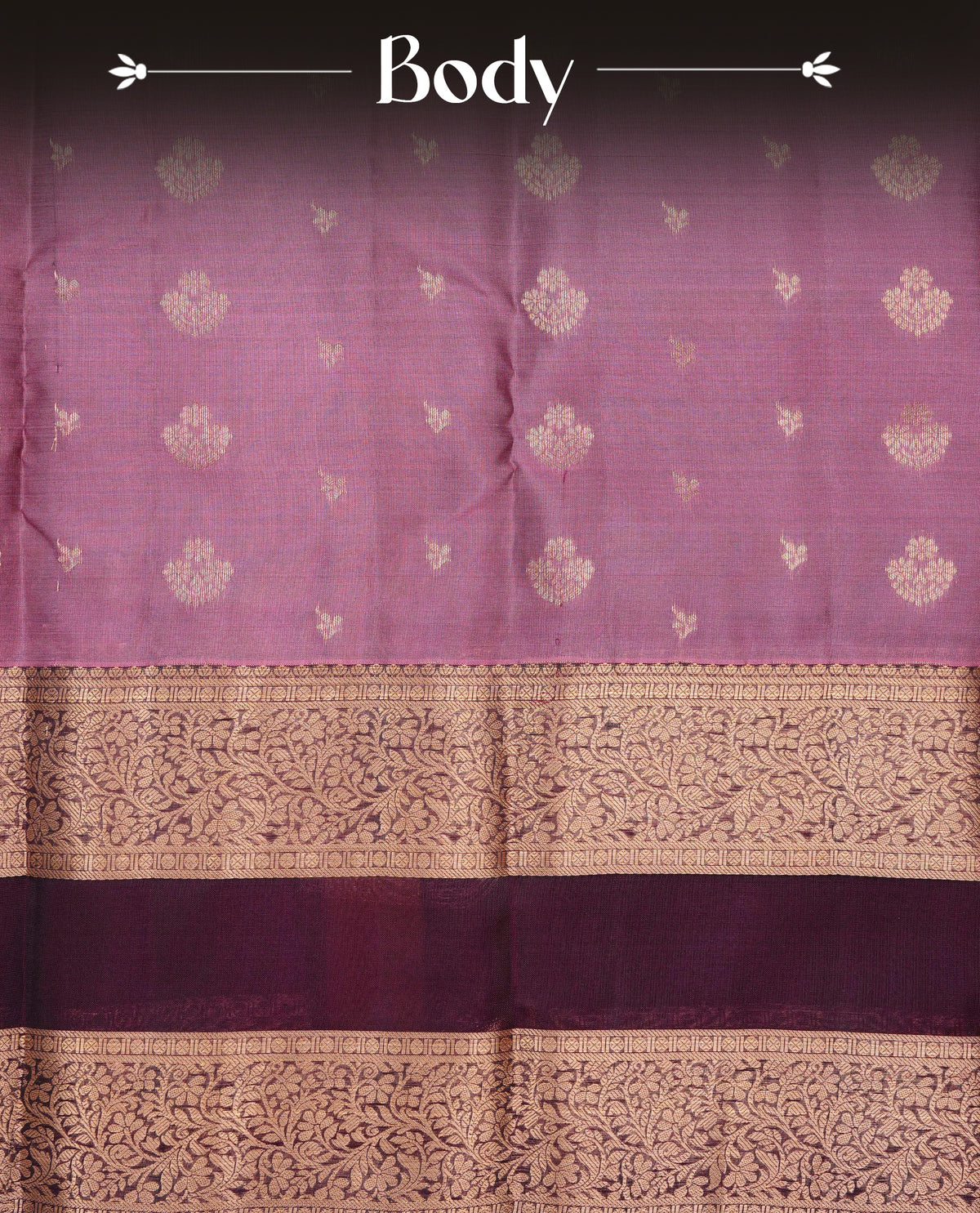 Onion pink colour Traditional Kancheepuram Silk Saree with Elegant Gold Zari Buttas on the Body, Enhanced with a Contrast Wine Colour with Gold Zari Border and Rich Pallu, Paired with a Matching Blouse Piece.