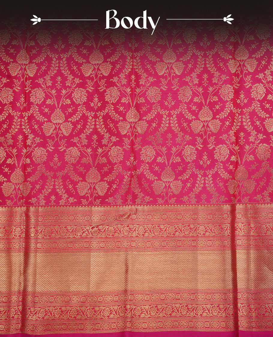 Magenta colour kancheepuram silk saree featuring gold zari floral kodi pattern on body, complemented by self colour with traditional border, paired with matching blouse piece.