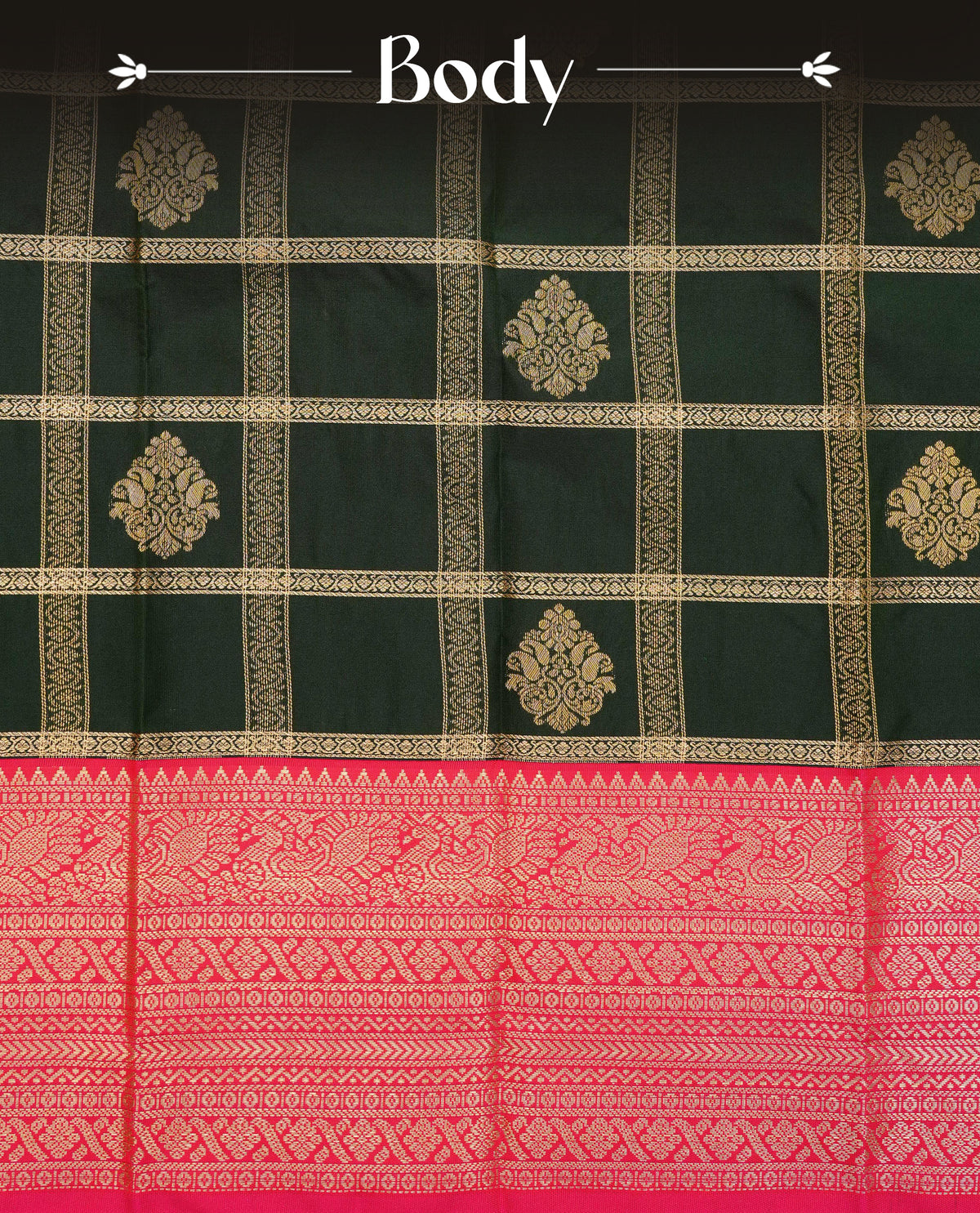 Dark green colour soft silk saree featuring gold zari checks with floral motifs on body, contrast rani pink colour gold zari traditional border, grand pallu comes with matching blouse piece.