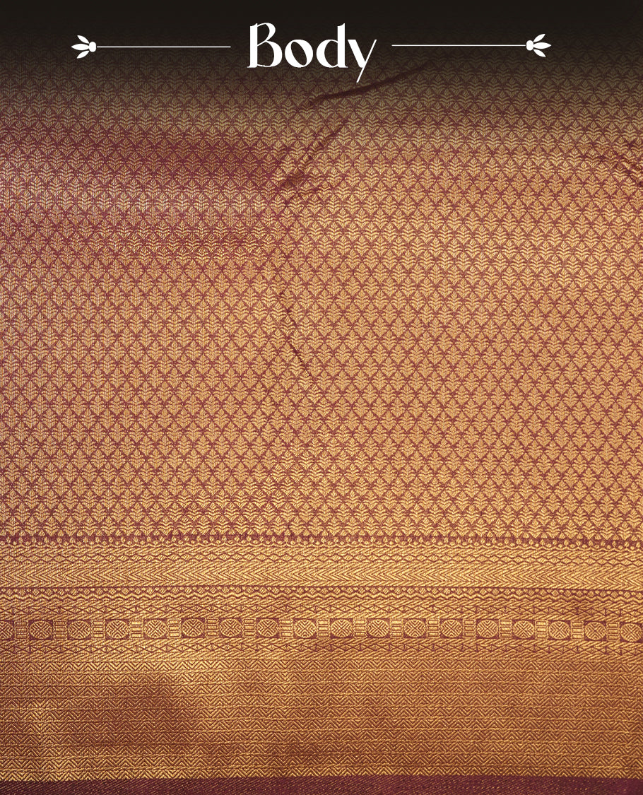 Lavender colour semi soft silk saree featuring gold zari motifs on across body, self colour border with traditional gold zari pattern, pallu and paired with matching blouse.