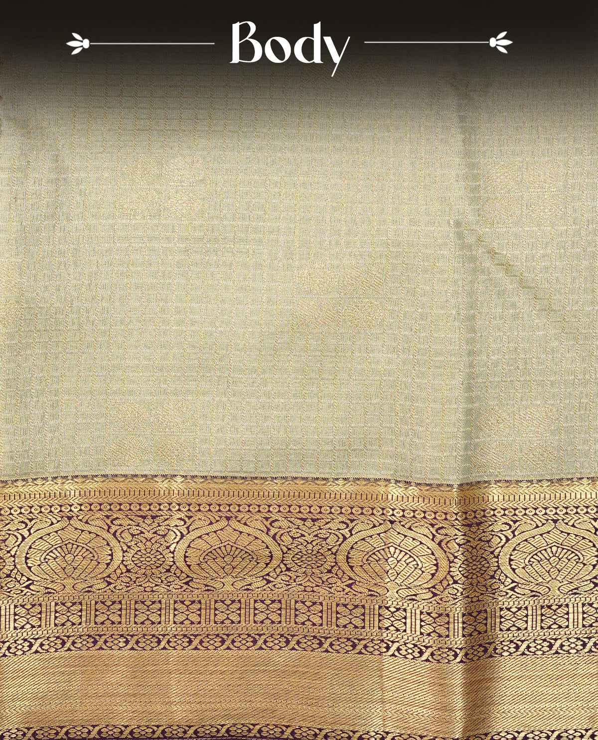 Light Green Colour Semi Tissue Silk Saree featuring Gold Zari Checks with elephant & peacock buttas on the body, complemented by an intricately woven gold zari pallu, a rich Purple and gold zari border, and paired with a matching plain blouse piece