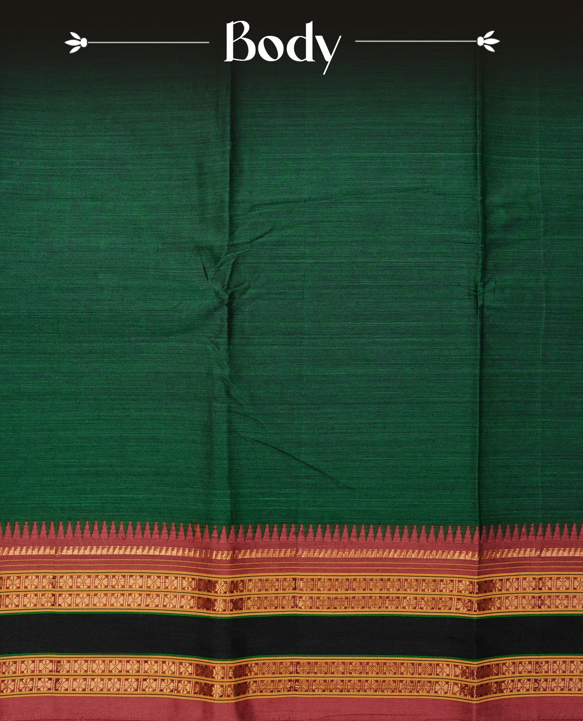 Bottle Green colour Narayanapattu cotton saree with a plain body, complemented by a maroon colour with gold zari border & contrast pallu, paired with a matching blouse piece.