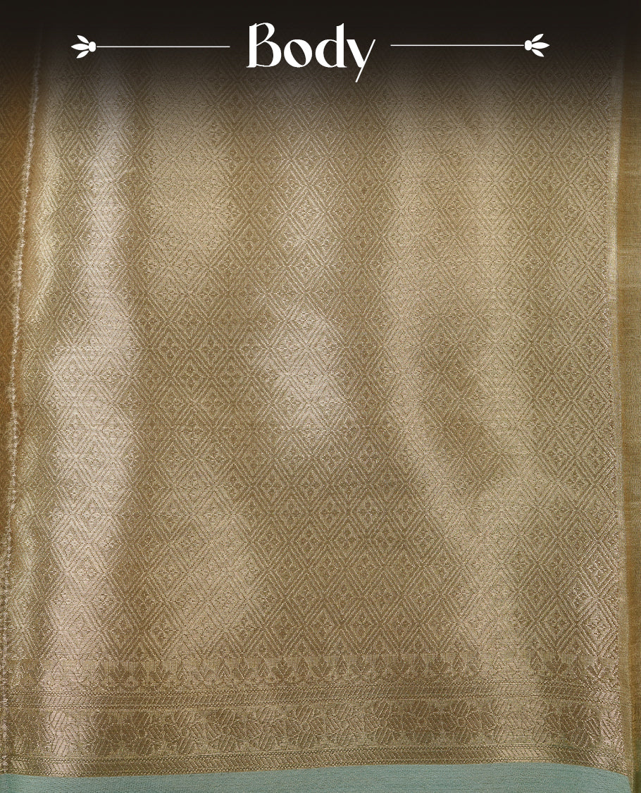 Aqua & gold double shade pure banaras tissue silk saree featuring elegant plain body, complemented by contrast pastel aqua colour gold zari border, paired with matching blouse piece.