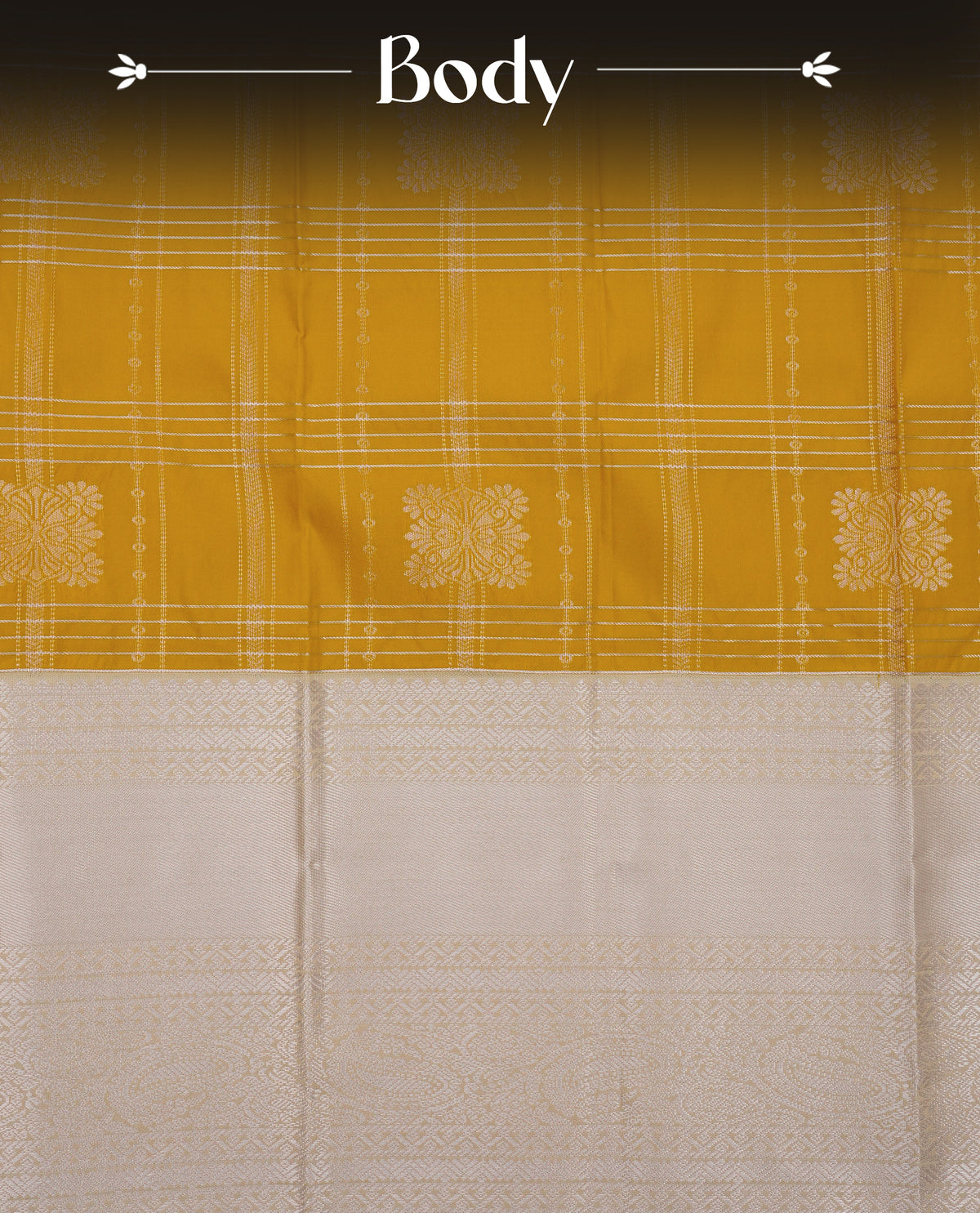 Mustard yellow colour soft silk saree featuring gold zari checks with floral mottifs on body, contrast cream colour gold zari traditional border, grand pallu comes with matching blouse piece.