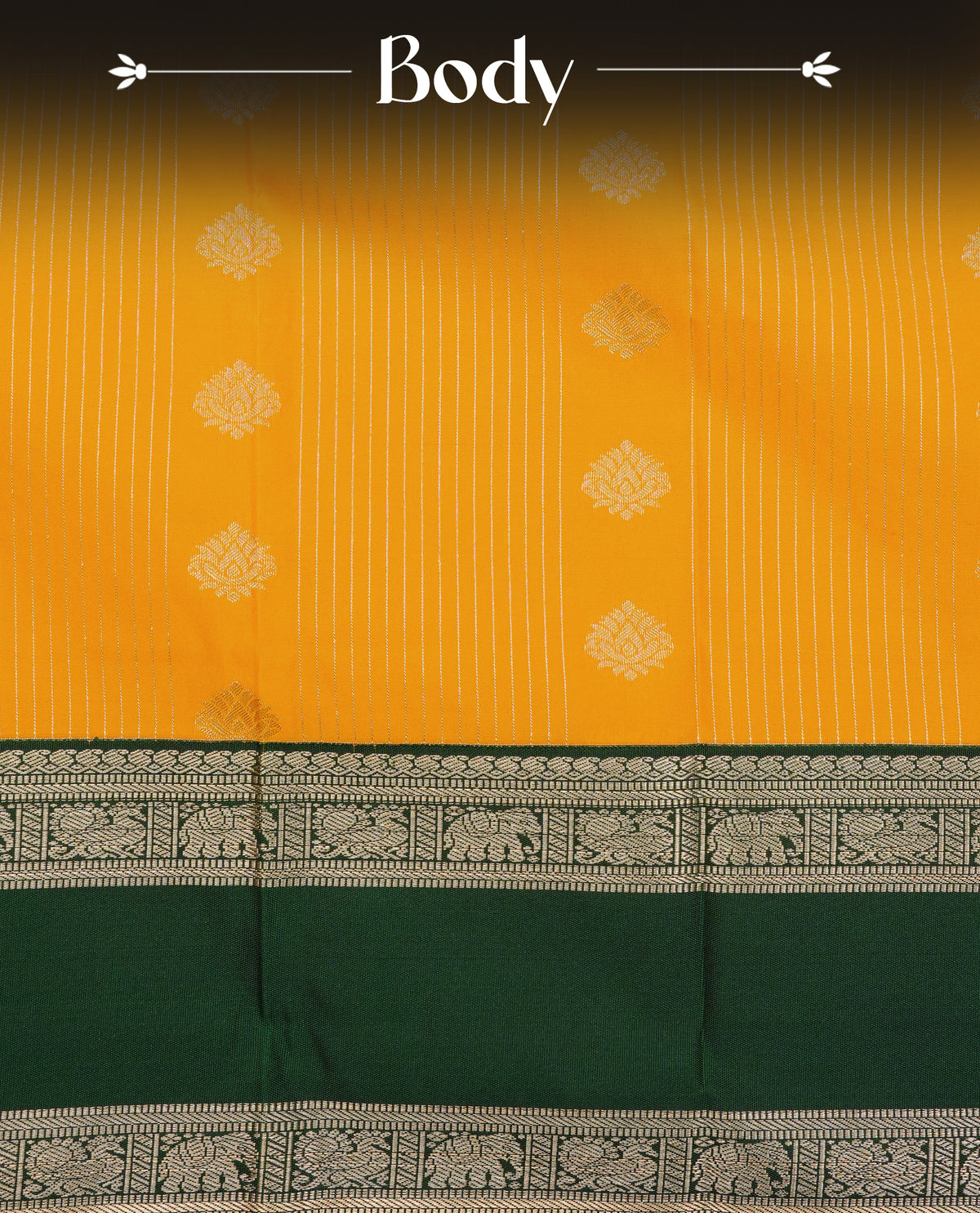 Yellow colour soft silk saree featuring gold zari stripes with motifs on body, contrast dark green colour elephant & peacock motifs on border, grand pallu comes with matching blouse piece.