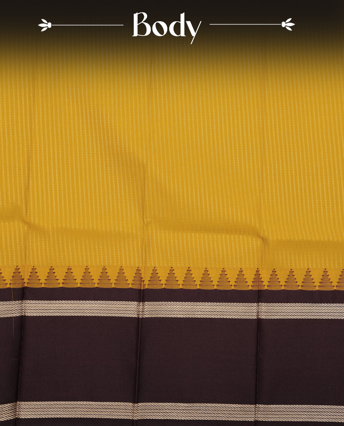 Mustard yellow colour soft silk saree featuring gold zari stripes on body, contrast dark chocolate colour gold zari simple border, grand pallu comes with matching blouse piece.