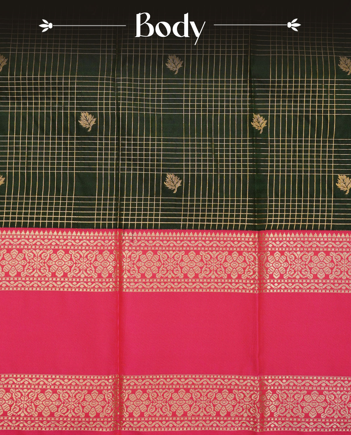 Dark green colour soft silk saree featuring gold zari checks with floral motifs on body, contrast Rani pink colour gold zari traditonal border, grand pallu comes with matching blouse piece.