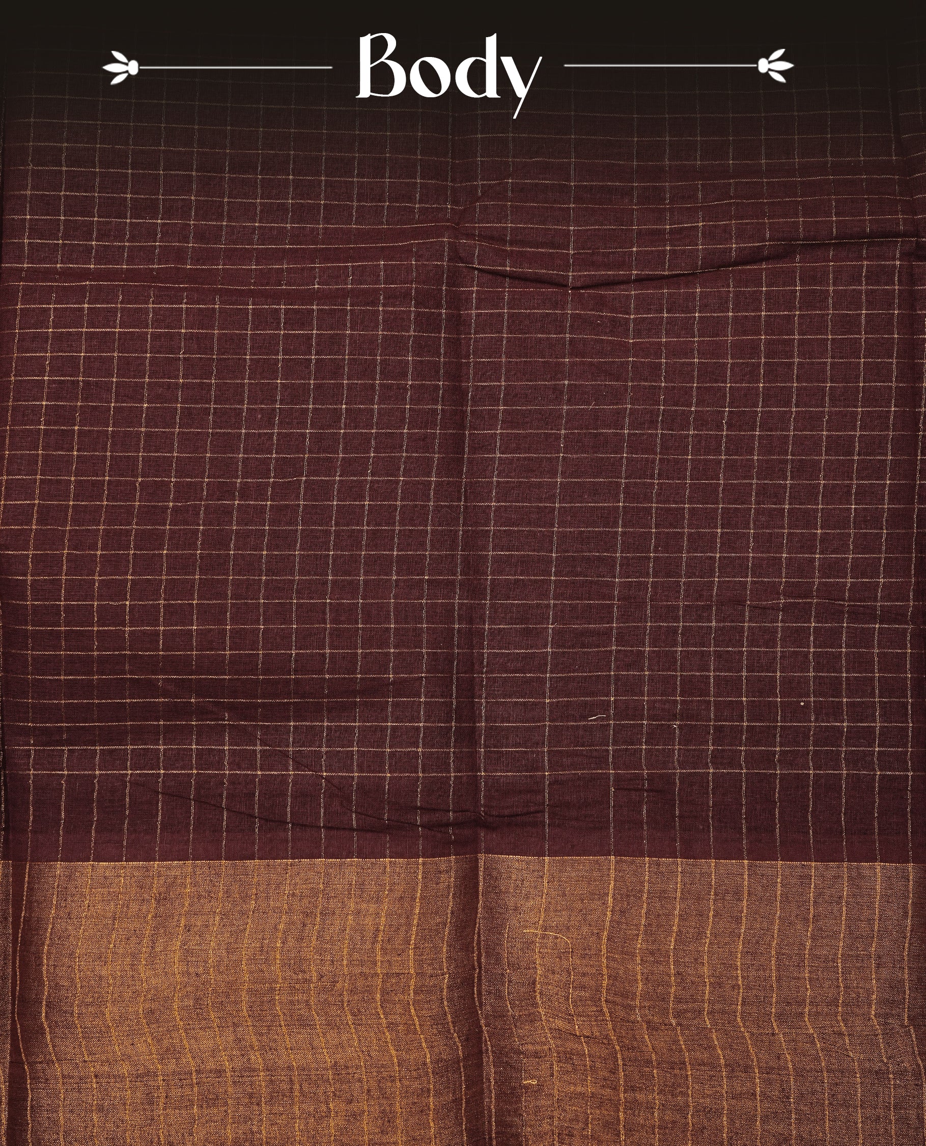 Brown Sungudi cotton saree featuring elegant gold zari checks across the body, complemented by a contrast gold zari border. Comes with a matching blouse piece.