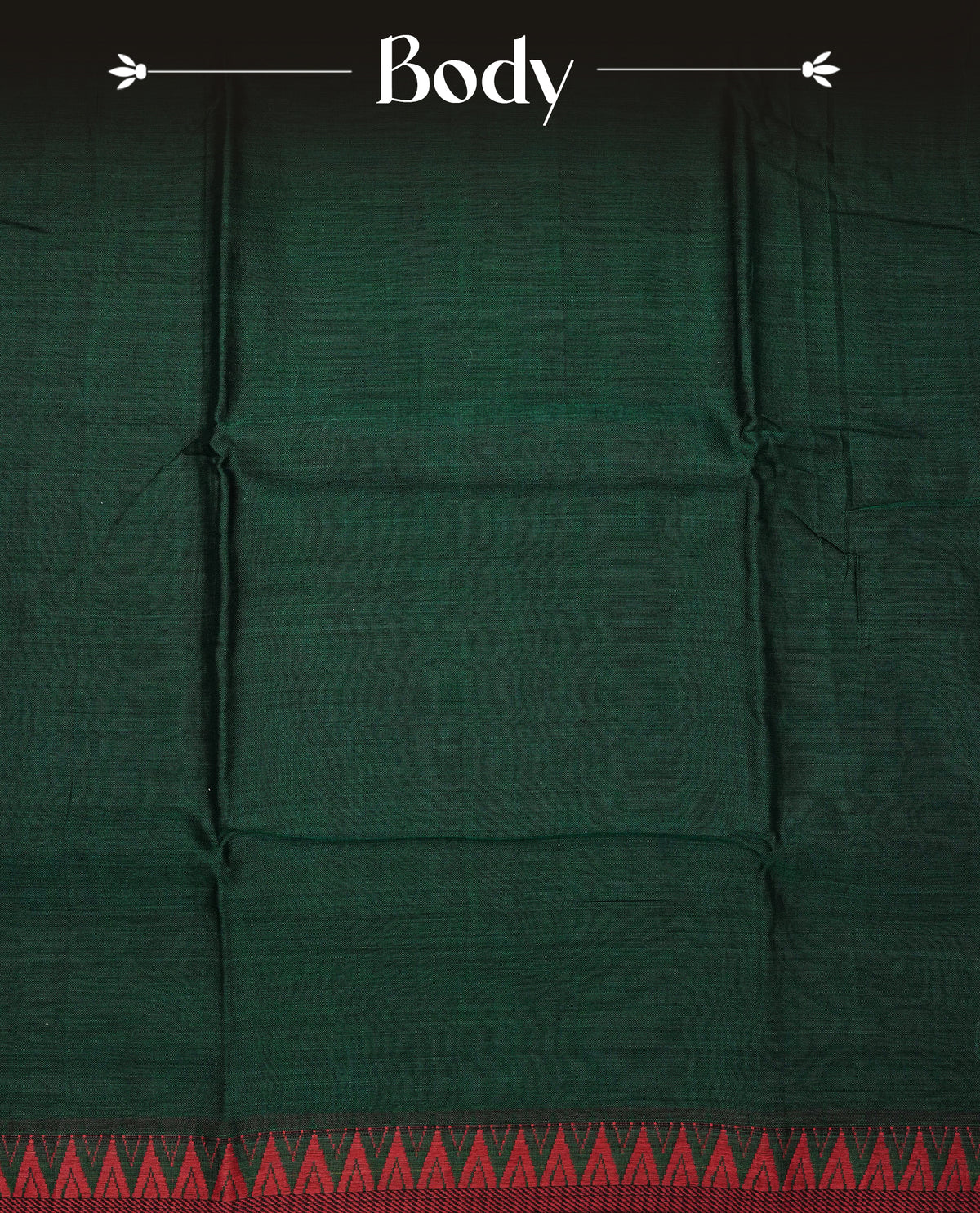 Bottle green colour Narayanapattu cotton saree with a plain body, complemented by a Maroon colour with red temple designed border & contrast pallu, paired with a matching blouse piece.