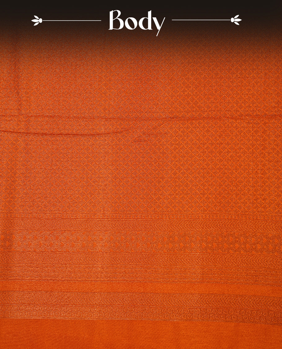 Orange colour softie silk saree featuring square dotted stripes across body, complemented by self colour with traditional border, paired with matching blouse piece.