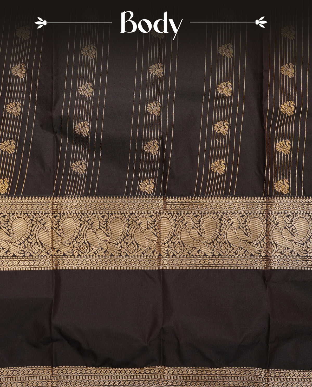 Coffee brown colour soft silk saree featuring gold zari tripes with peacock motifs on body, contrast self colour gold zari peacock & traditonal border, grand pallu comes with matching blouse piece.