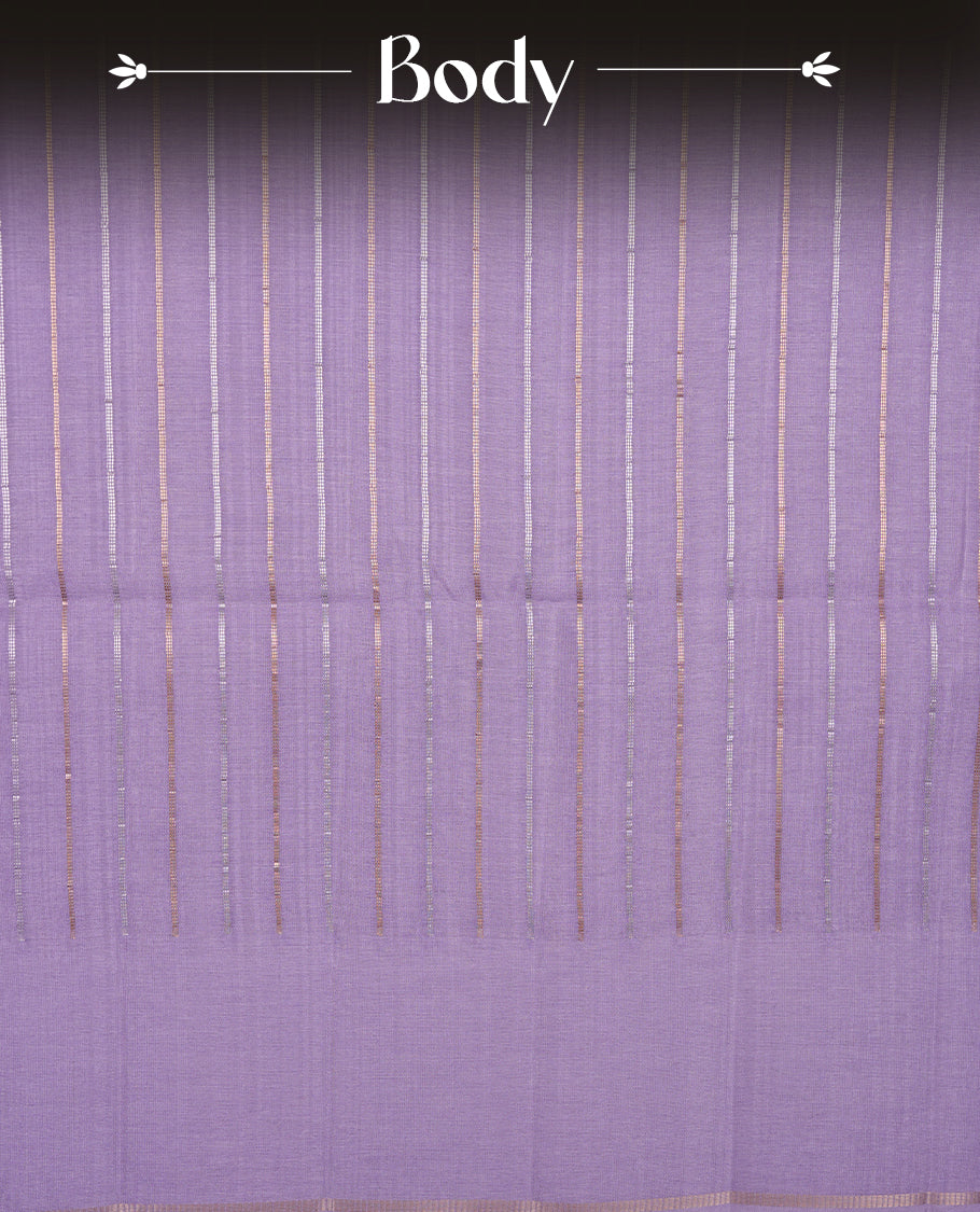 Pastel lavender colour semi tussar silk saree highlights gold and silver zari stripes across body, border, pallu and paired with matching blouse piece.