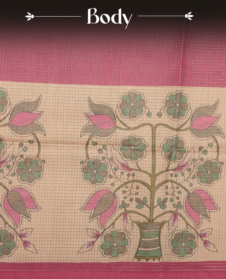 Wheat colour semi tussar silk saree featuring floral print and zari check pattern across body, contrast Pink colour border and pallu, paired with matching blouse piece.