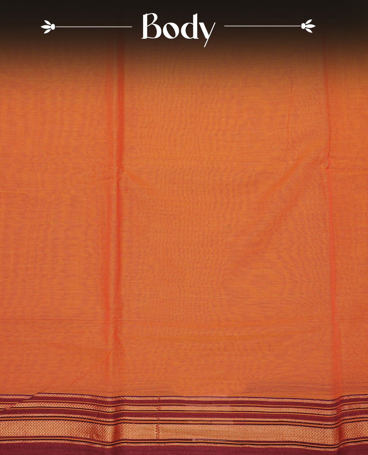 Orange colour Narayanapattu cotton saree with a plain body, complemented by a Maroon colour with elegant gold zari detailing border & contrast striped pallu, paired with a matching blouse piece.