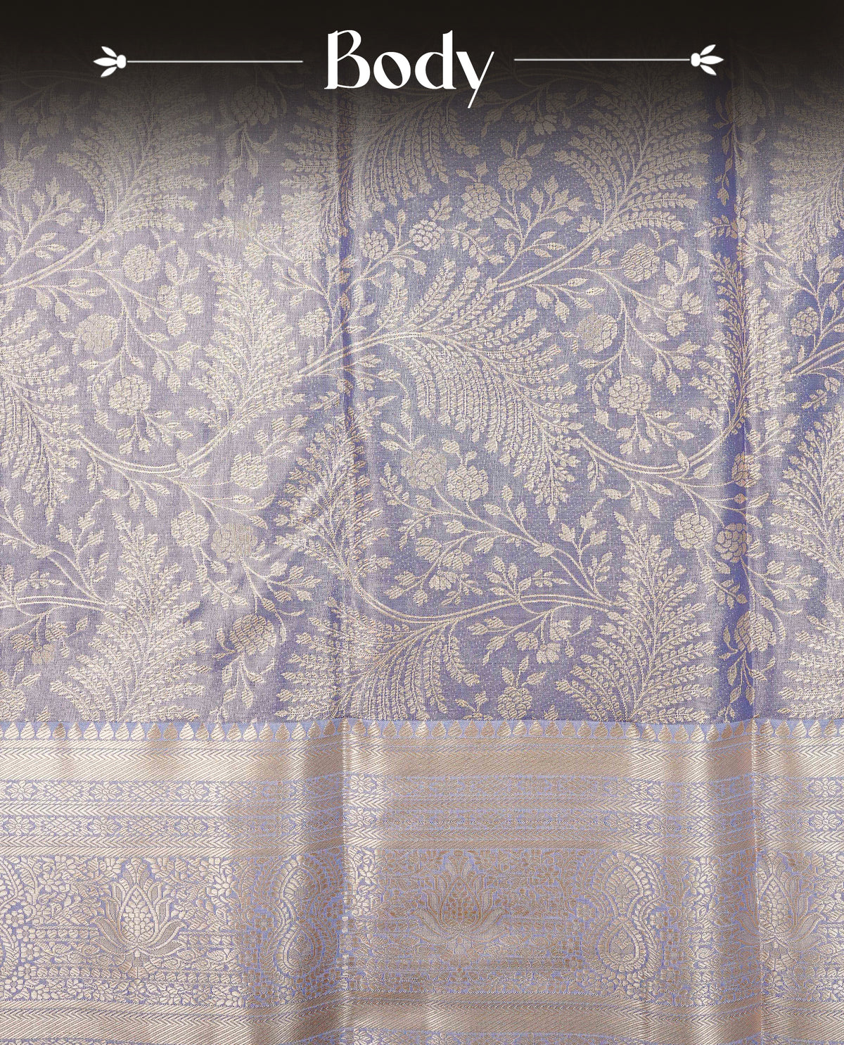 Lavender Colour Tissue Silk Saree featuring an elegant all-over floral Kodi zari woven body, a richly woven Gold zari pallu, complemented by a matching Gold zari border and paired with a self-coloured blouse piece.