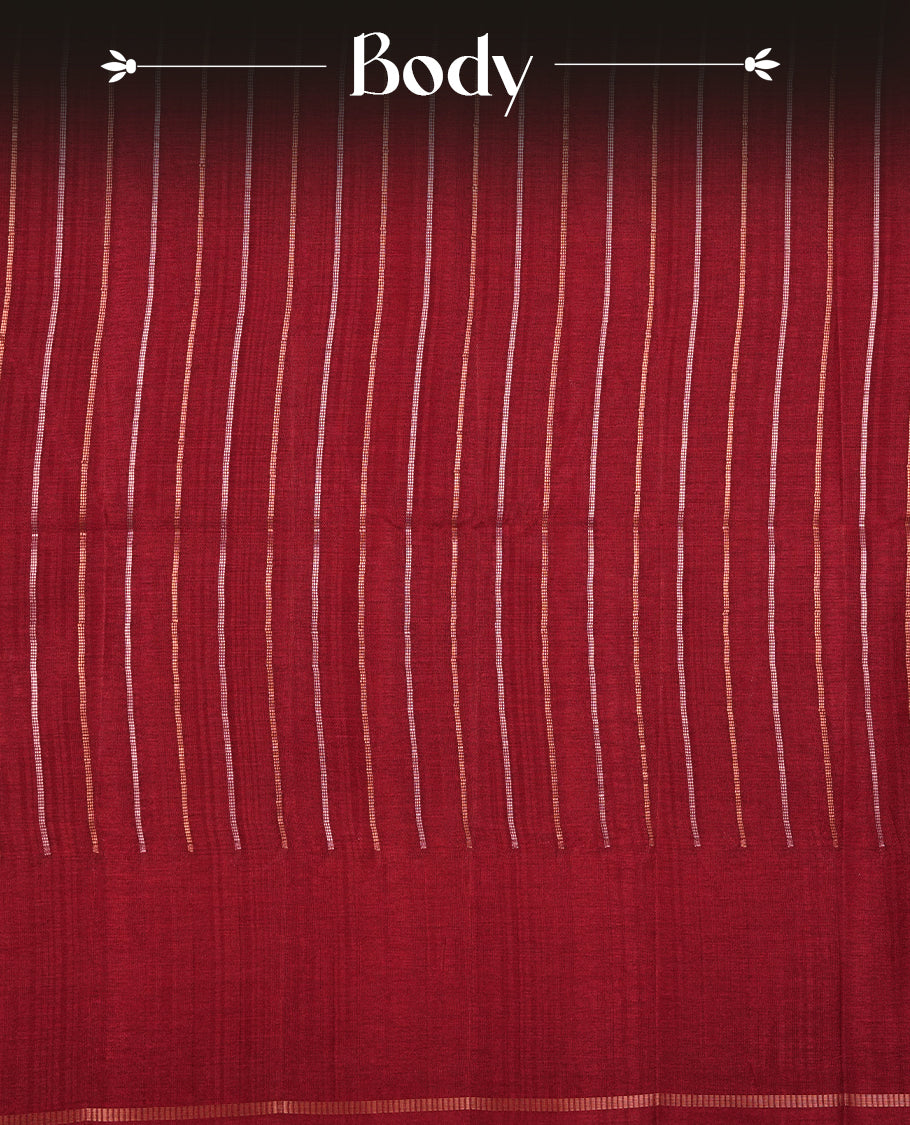 Brown colour semi tussar saree highlights gold and silver zari stripes across body, border, pallu and paired with matching blouse piece.