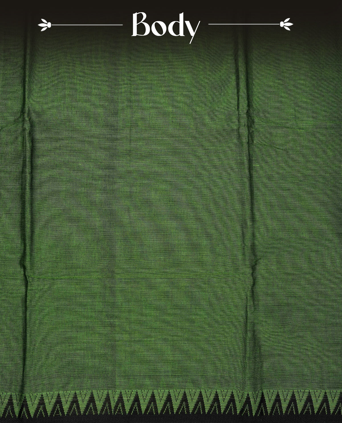 Green colour Narayanapattu cotton saree with a plain body, complemented by a Black colour with Black temple designed border & contrast pallu, paired with a matching blouse piece.