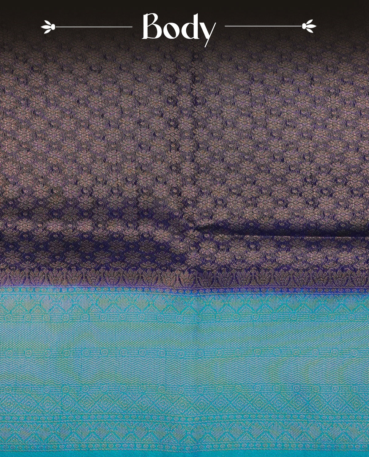 Deep purple colour softie silk saree featuring gold zari, rich pallu floral pattern brocade body, with contrasting teal blue colour border.paired with matching blouse piece.