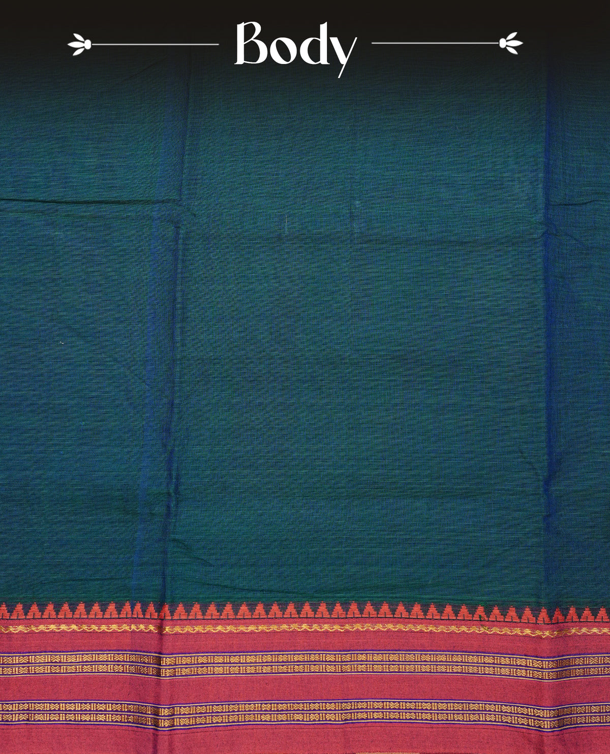 Peacock blue colour Narayanapattu cotton saree with a plain body, complemented by a Red colour with elegant gold zari detailing border & contrast striped pallu, paired with a matching blouse piece.
