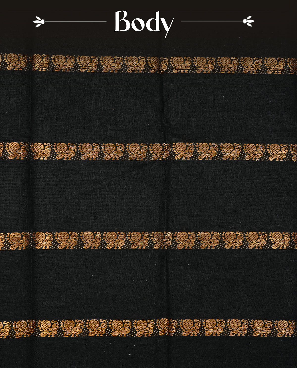 Black Colour Sungudi Cotton Saree with peacock gold zari stripes on the body, a matching gold zari border, and a striped gold zari pallu. Paired with a contrast coffee brown blouse featuring gold zari work.