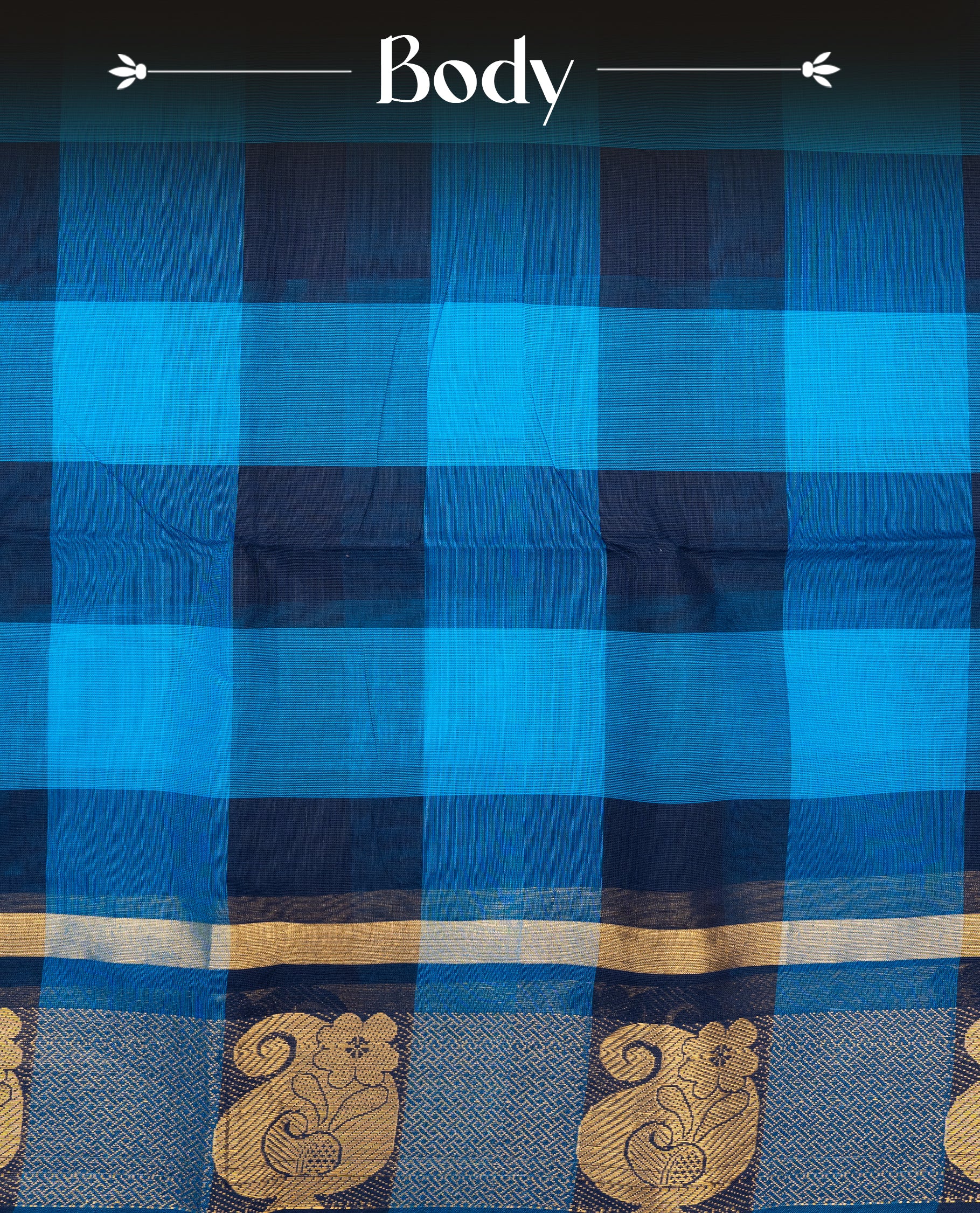 Navy blue & Blue colour chettinad cotton saree featuring check pattern on body, complemented by Self Colour with gold zari border, comes with matching blouse piece.
