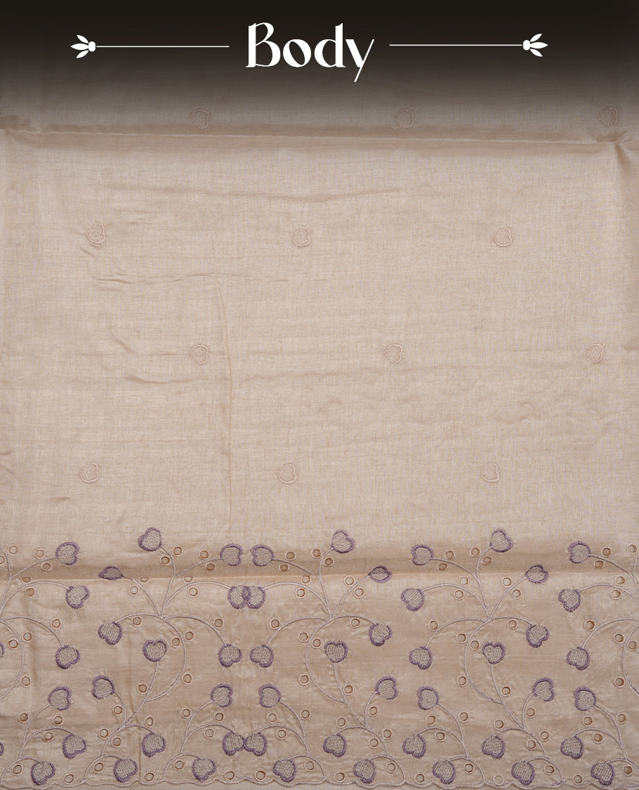 Beige colour Tussar silk saree featuring Elegant plain body, highlighting Lavender colour thread floral kodi worked scalp border, pallu and paired with matching blouse piece.