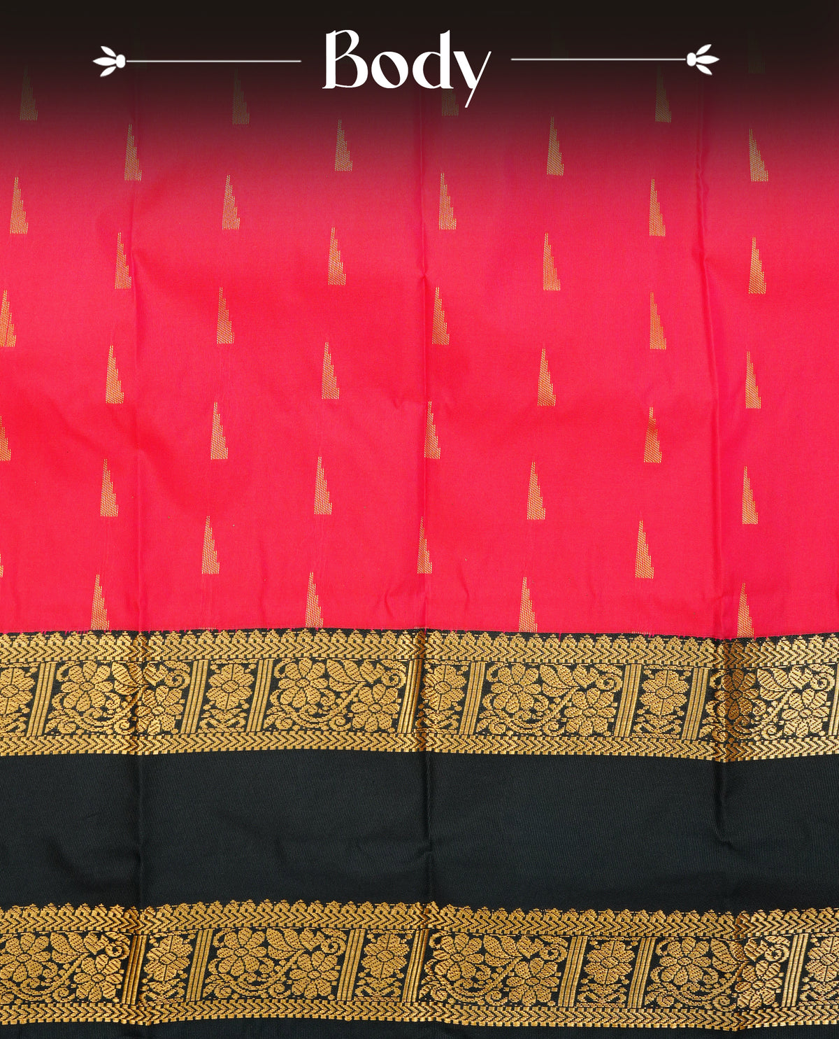 Pink colour silk saree featuring gold zari motifs on body, contrast dark grren with gold zari traditional border, contrast grand pallu comes with matching blouse piece .