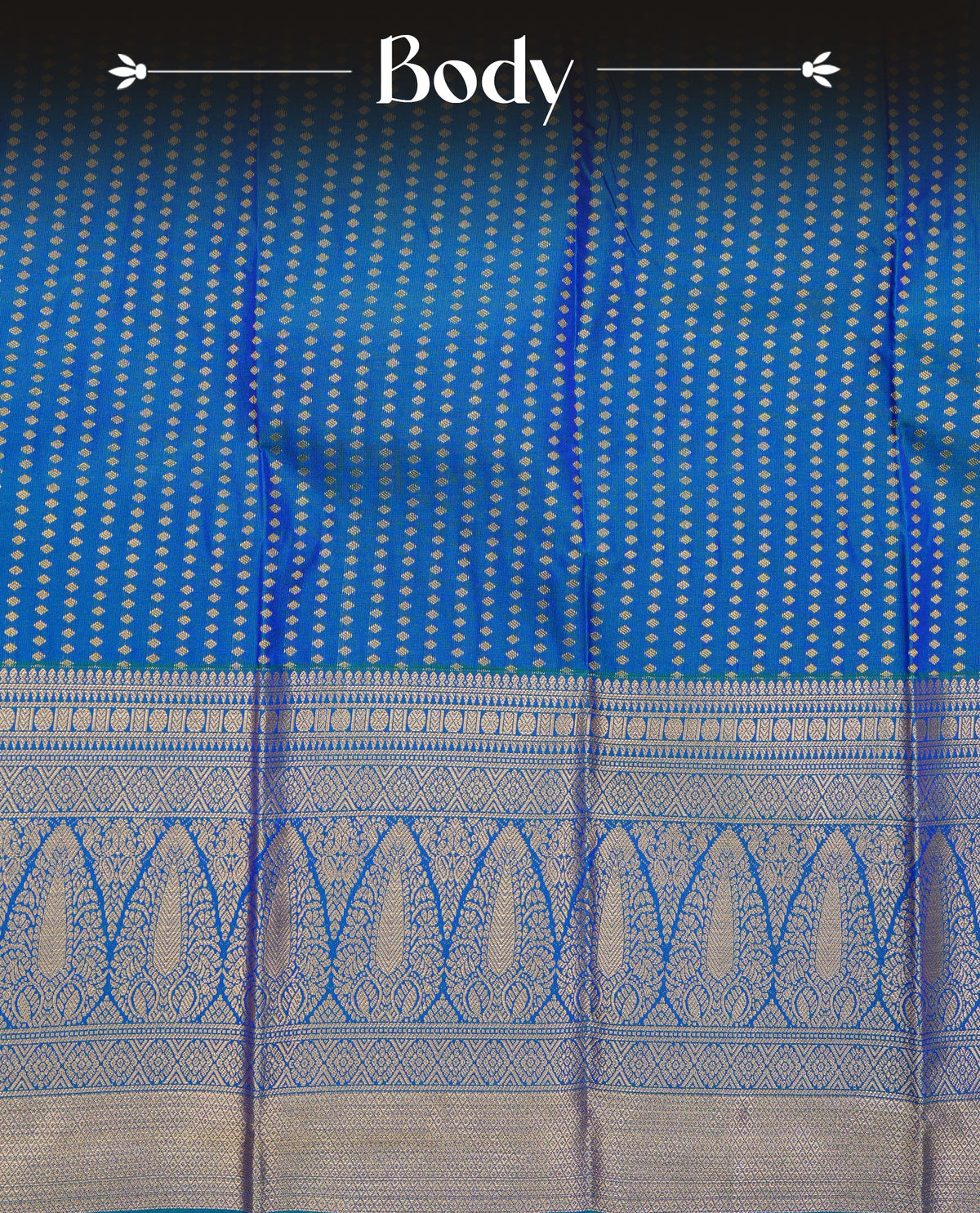Peacock blue colour soft silk saree featuring gold zari buttas on body, contrast self colour gold zari traitionl border, grand pallu comes with matching blouse piece.