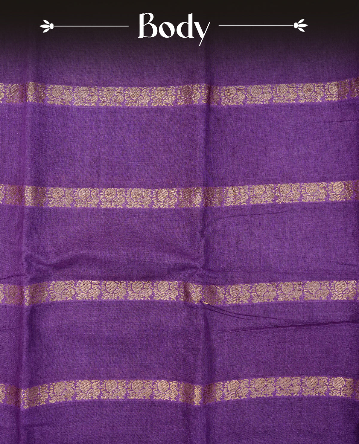 Purple Colour Sungudi Cotton Saree with peacock gold zari stripes on the body, a matching gold zari border, and a striped gold zari pallu. Paired with a contrast Magenta blouse piece featuring gold zari work.