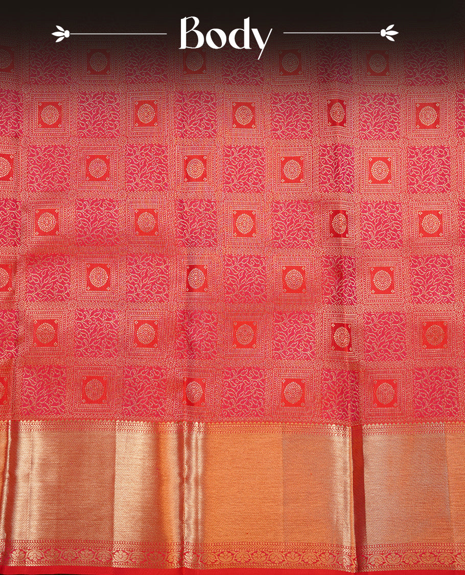 Red colour kancheepuram silk saree featuring gold zari Box pattern on body, complemented by self colour with traditional border, paired with matching blouse piece.