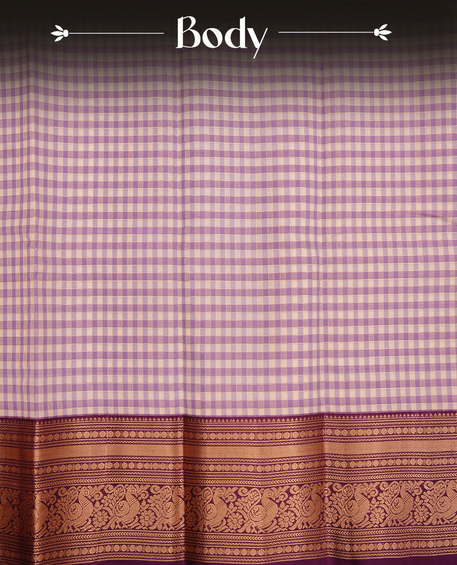 Lavender & Purple colour traditional kancheepuram silk saree featuring gold zari check pattern on body, complemented by contrast purple colour with gold zari traditional border, paired with matching blouse piece.