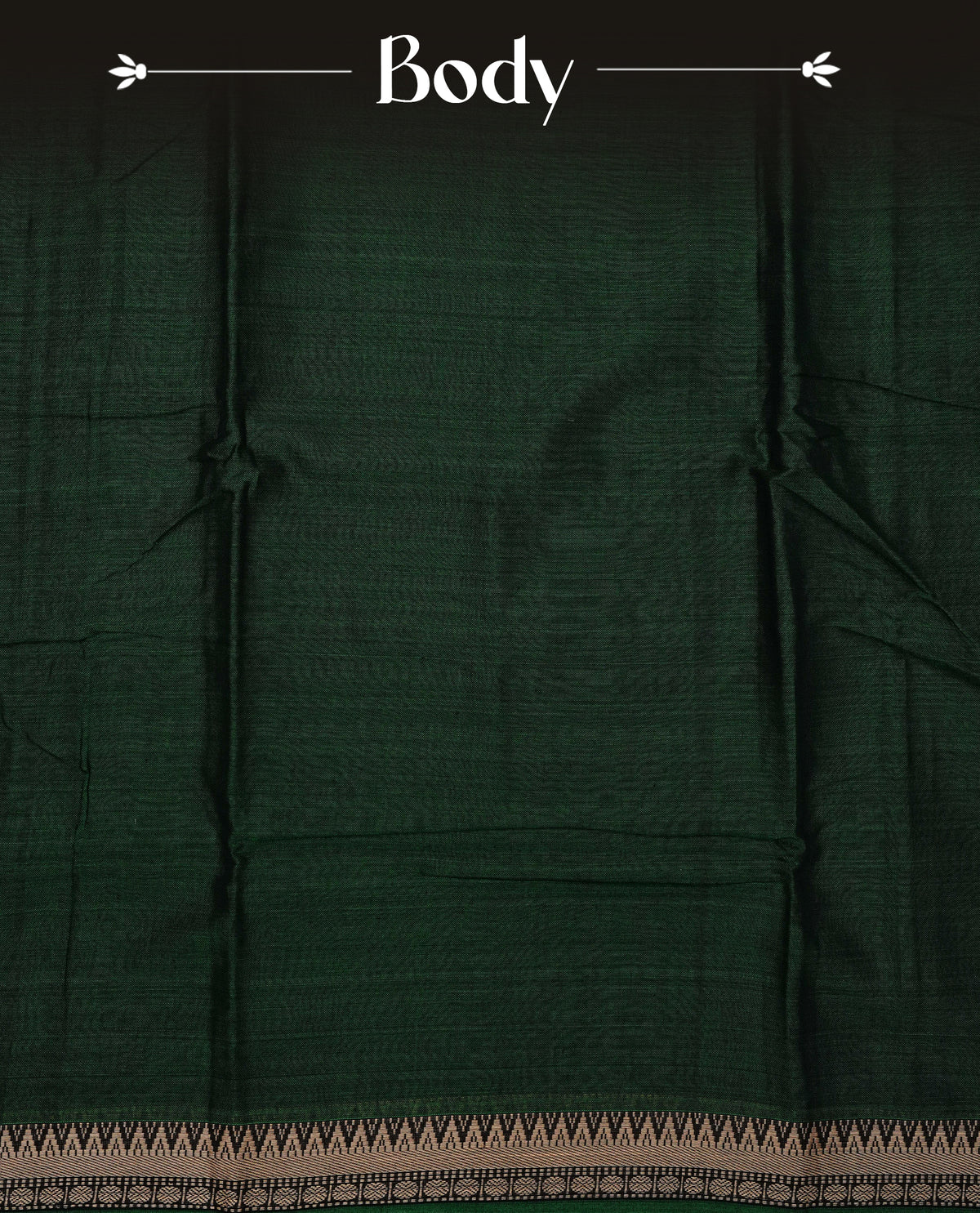 Dark green colour Narayanapattu cotton saree with a plain body, complemented by a brige Colour with Temple designed border & contrast pallu, paired with a matching blouse piece.