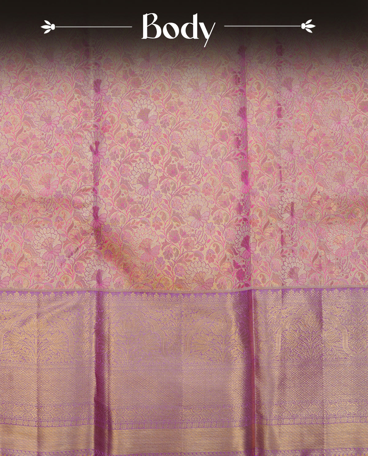 Light gold & lavender colour pure tissue silk saree featuring multi colour zari floral kodi pattern on body, complemented by contrast Lavender colour traditional border, comes with matching blouse piece.