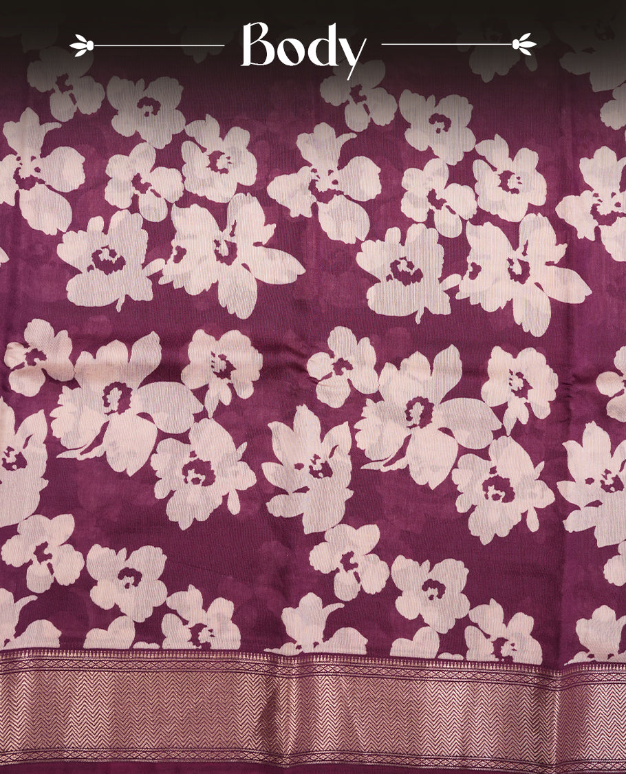 Grape Purple colour Viscos semi printed saree featuring a light golden zari border, abstract off white printed motifs on the body, and comes with a matching blouse