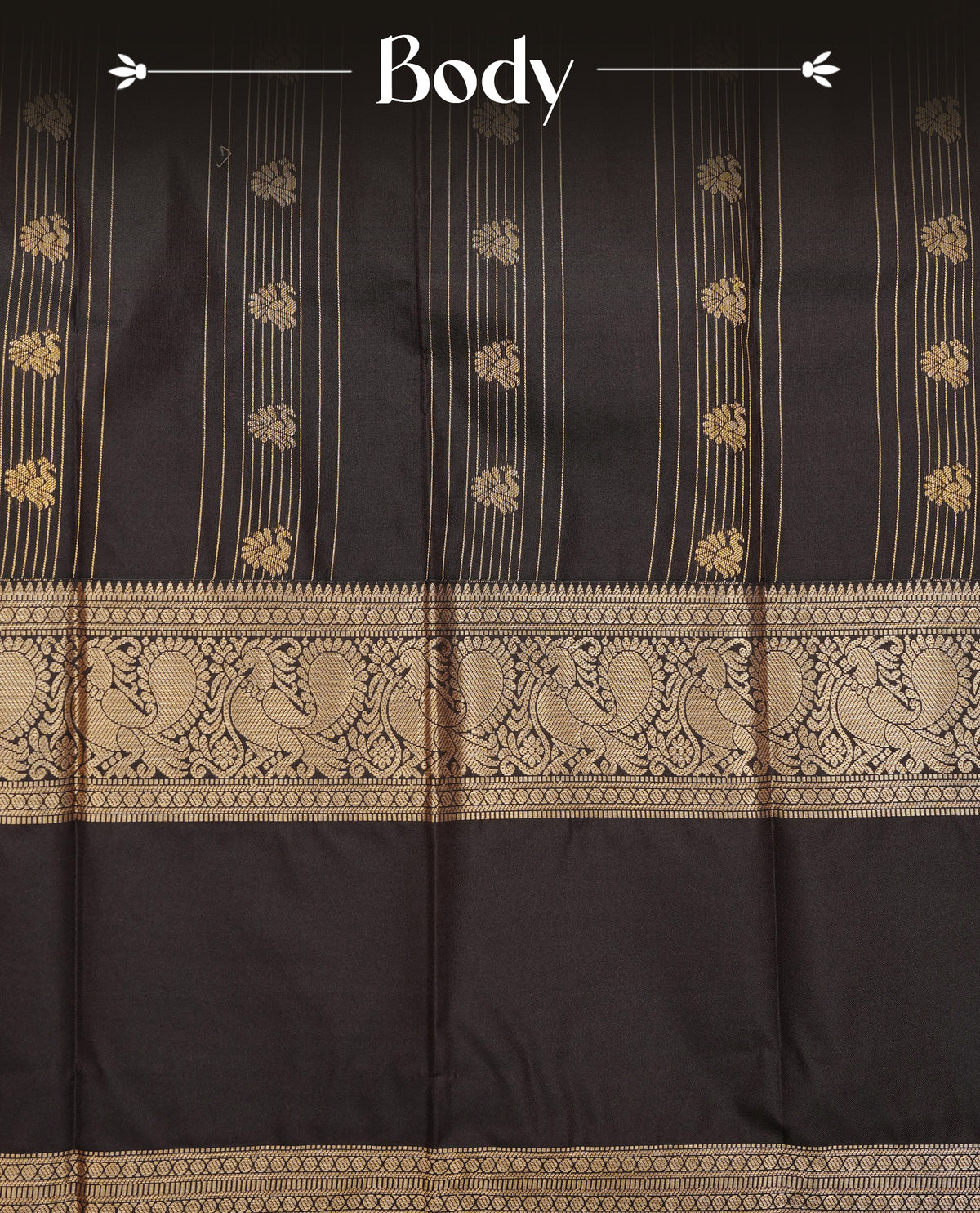 Chocolate colour soft silk saree featuring gold zari stripes & peacock motifs on body, contrast self colour with gold zari peacock border, grand pallu comes with contrast mustard yellow blouse piece.