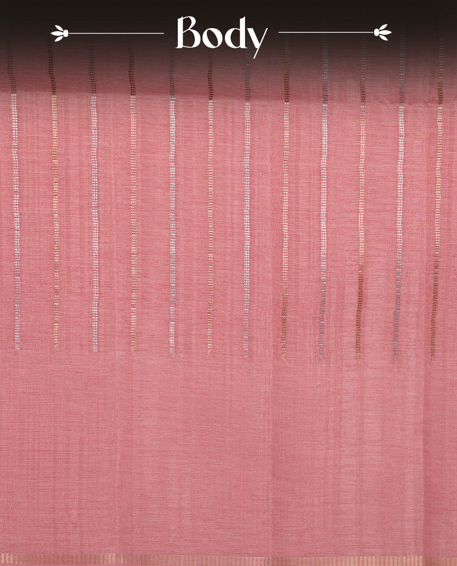 Pastel peach colour semi tussar silk saree highlights gold and silver zari stripes across body, border, pallu and paired with matching blouse piece.
