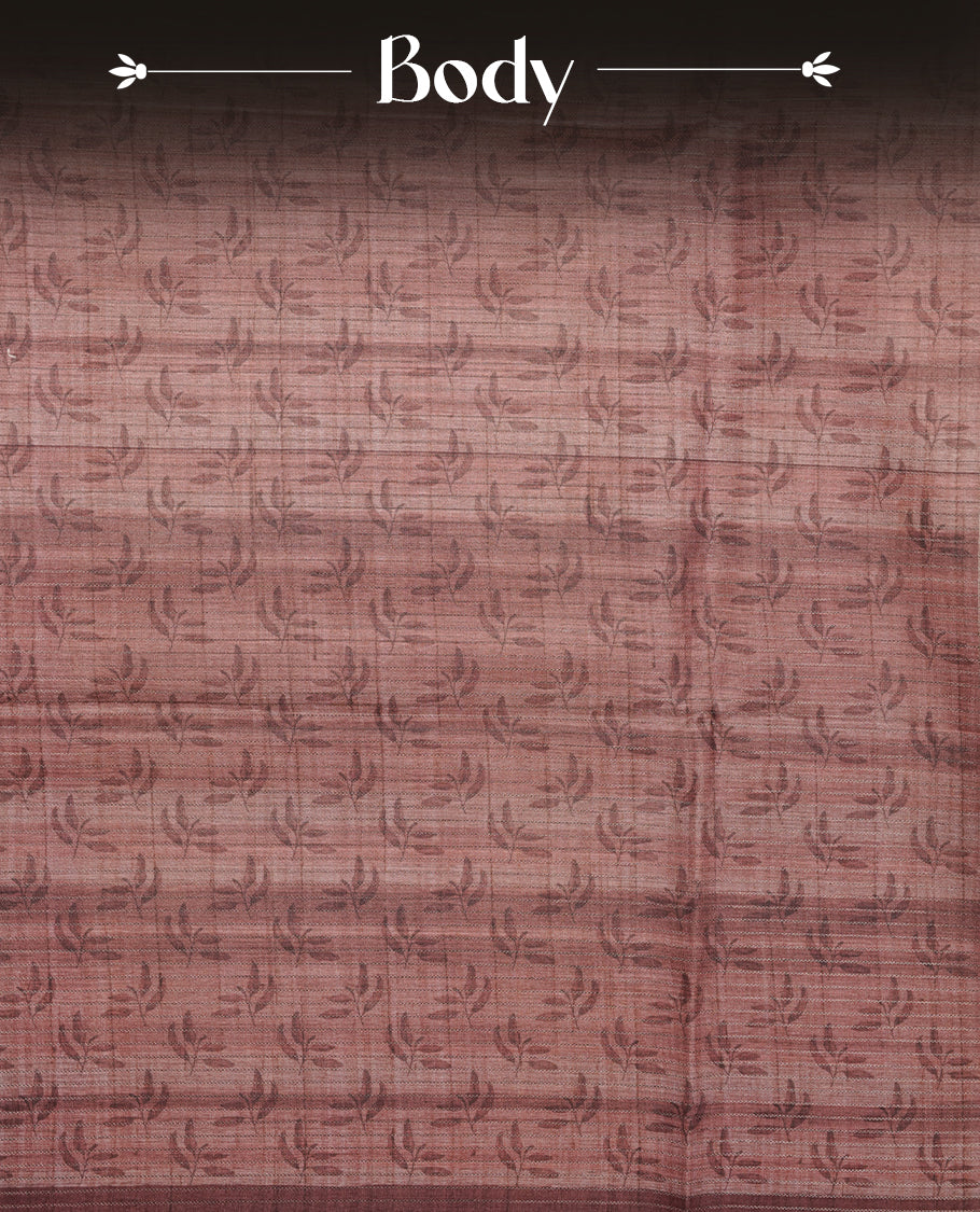 Coral Peach colour semi tussar silk saree featuring floral print across body, contrast peach colour border and pallu, paired with matching blouse piece.