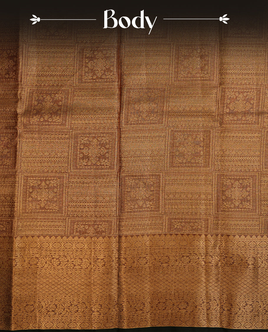 Gold colour semi tissue silk saree featuring gold zari pattern on body, contrast Green colour with gold zari traditional border, paired with matching blouse piece.