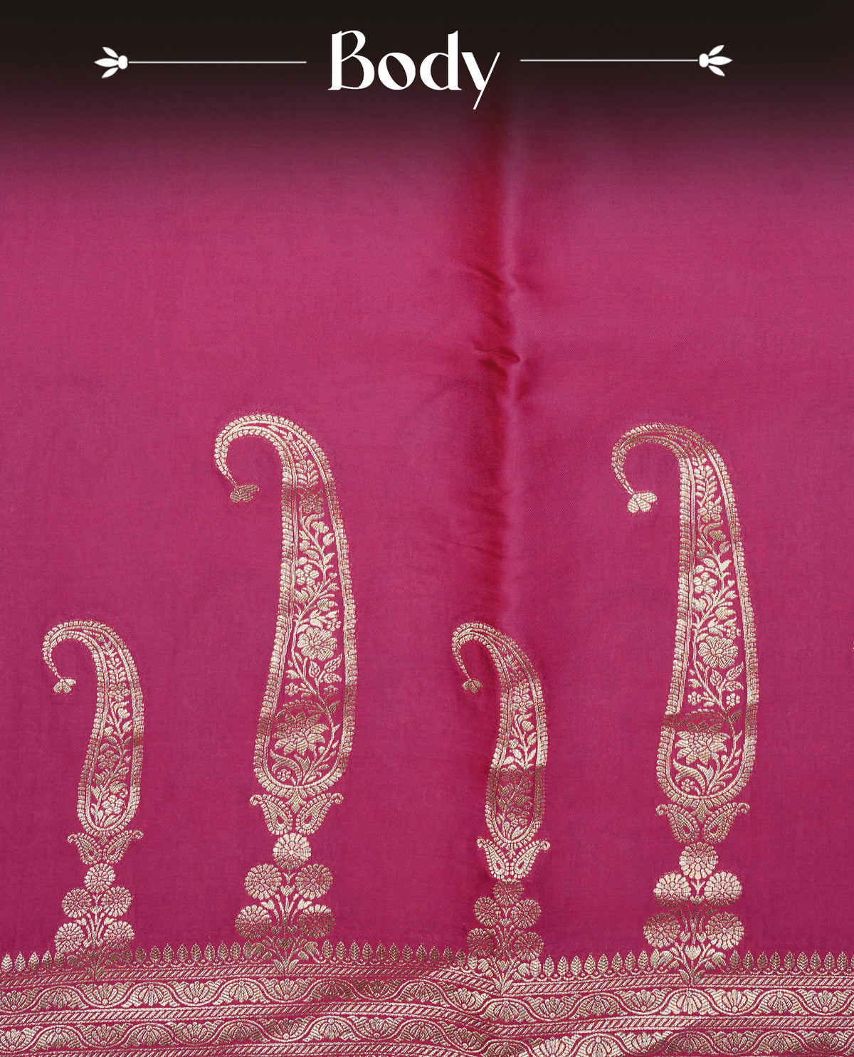 Magenta colour Banaras satin crepe silk saree featuring Plain body, associate with Gold zari traditional border, comes with matching blouse piece.