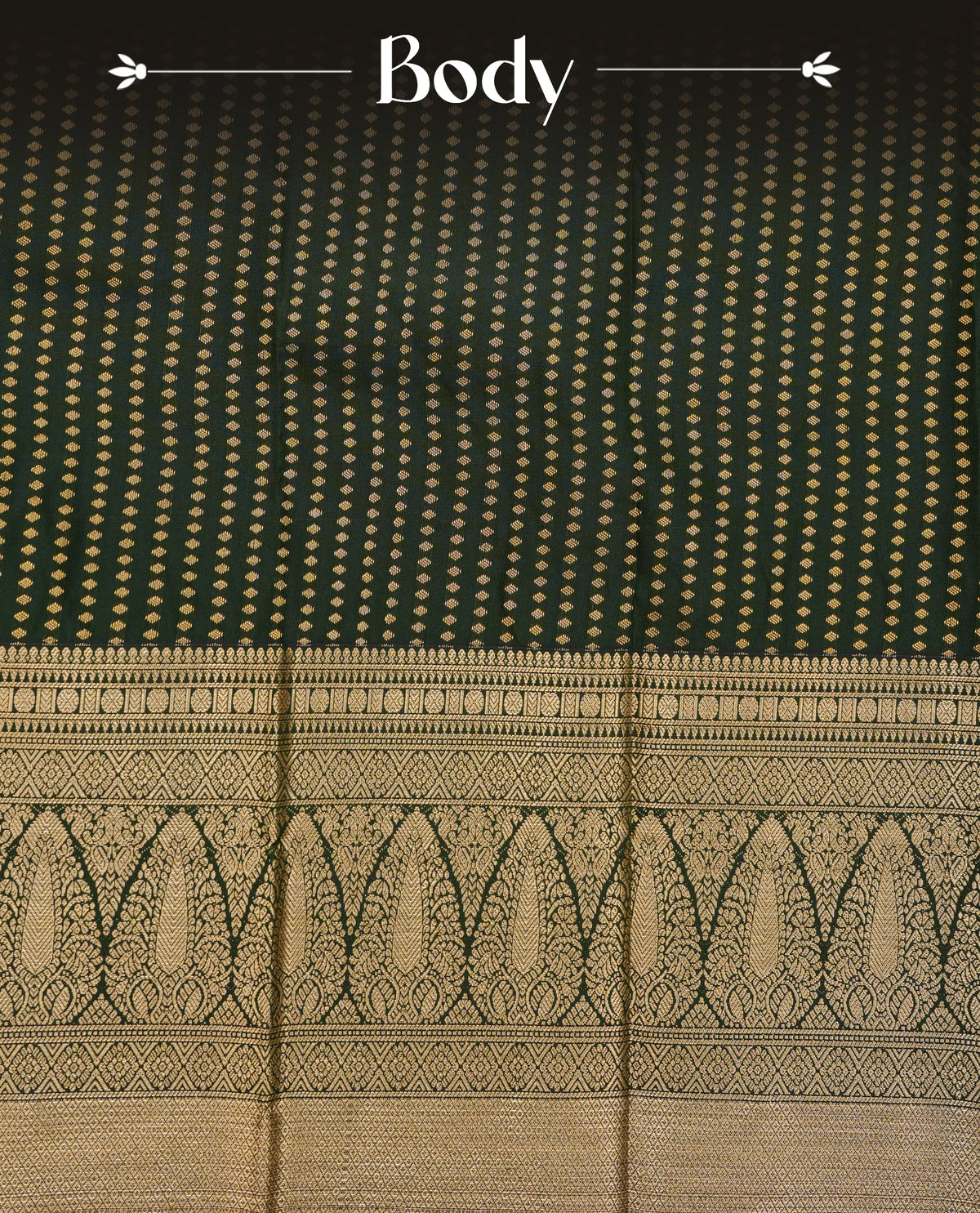 Dark green colour soft silk saree featuring gold zari buttas on body, contrast self colour gold zari traditonal border, grand pallu comes with matching blouse piece.