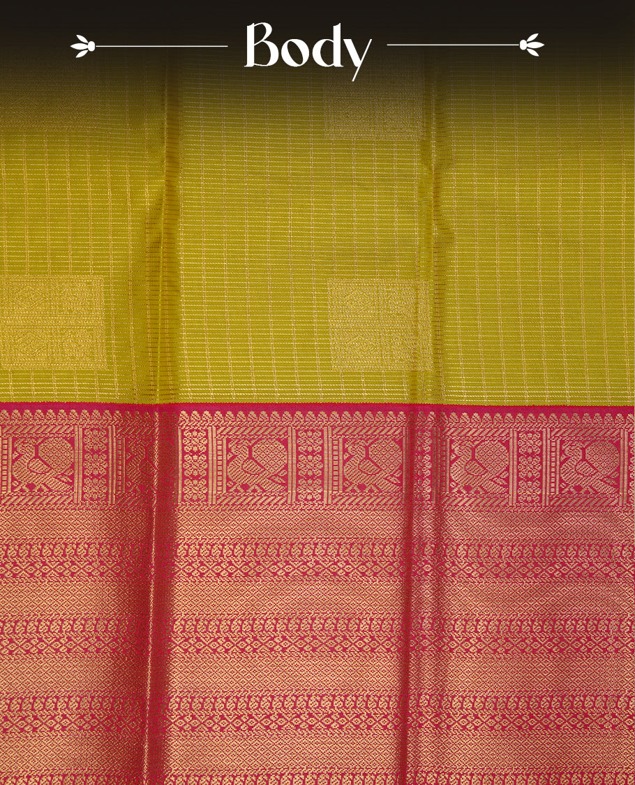 Lemon coloured soft silk saree featuring gold zari stripes and motifs across the body, enhanced with a contrast Magenta border and pallu, paired with a matching contrast blouse piece.